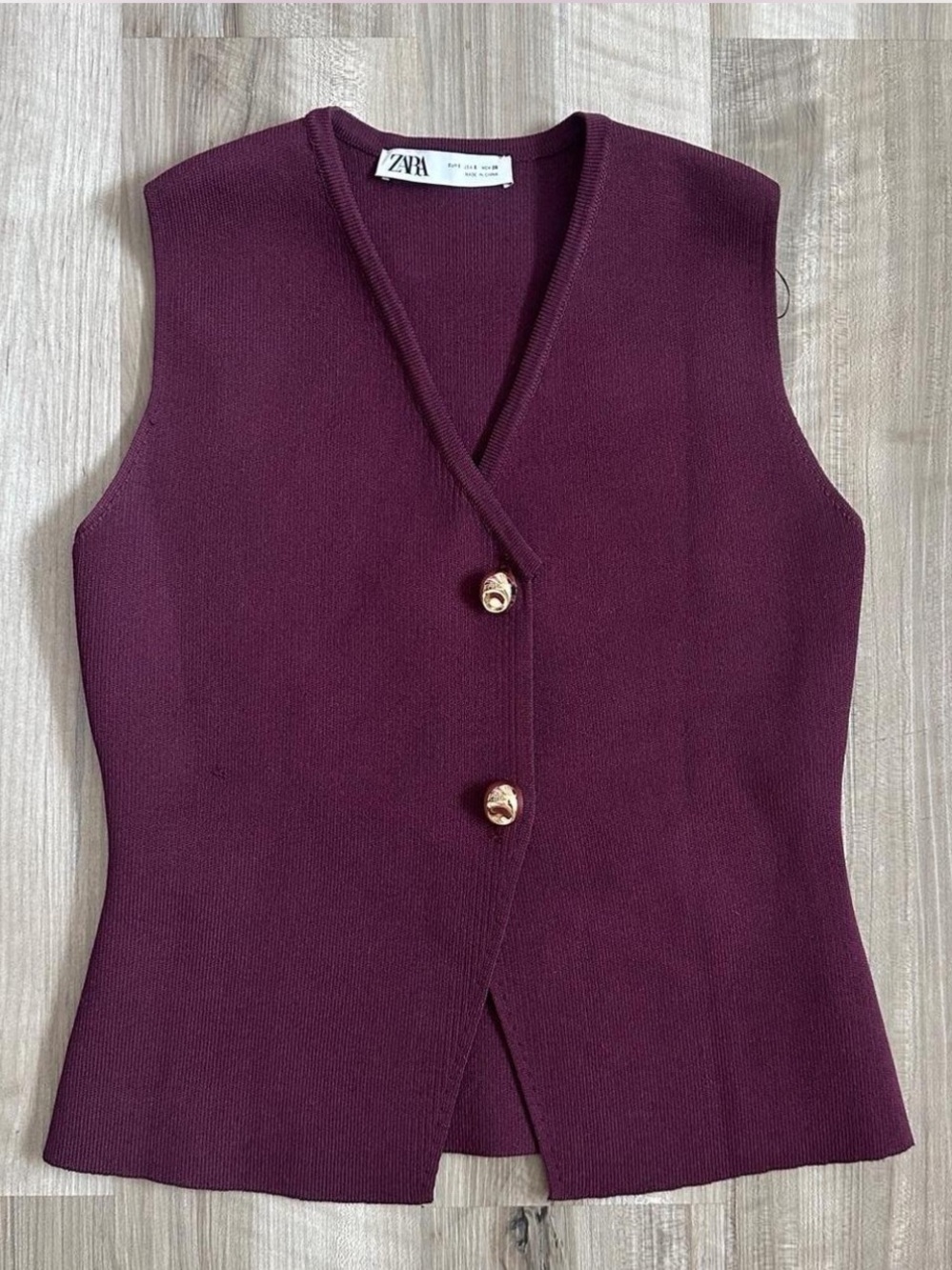 Zara Plum Sleeveless V-Neck Button Vest with Gold Buttons